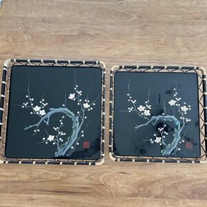 Pair Vintage Japanese Lacquer Trays 12" & 13" MOP Plum Blossom Bamboo Frame